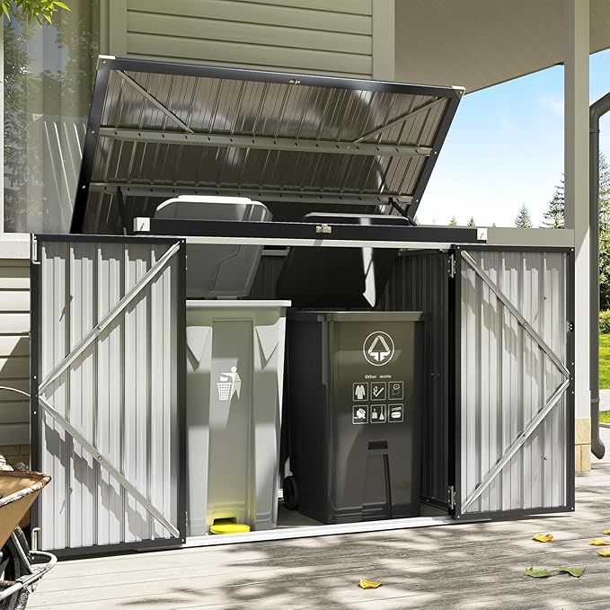 80 Cu. Ft Outdoor Trash Can Shed with Pneumatic Support Rod, 5x3 Ft Outdoor Storage Shed w/Lockable Doors & Waterproof Lid Chain, for Patio/Garden/Backyard