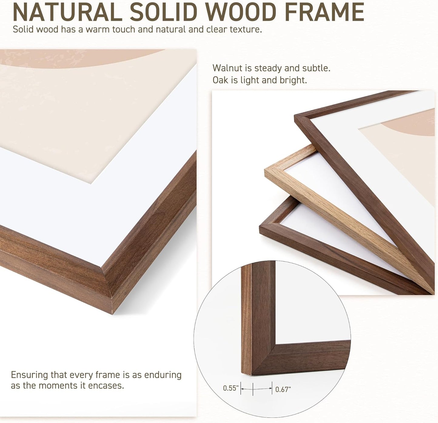 5x7 Picture Frame Set of 4 Natural Solid Walnut Photo Frames with 4x6 Removable Mat Wall Hanging Large Handcrafted Frame with HD Plexiglass Wall and Tabletop Display Large Poster Frame