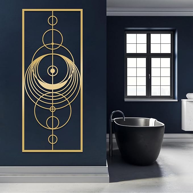 Hfrolixit Abstract Geometric Metal Wall Art, Circle Metal Wall Decor, Round Wall Decor, Mid Century Modern Wall Art, Large Boho Geometric Wall Hanging, Luxury Wall Hanging (White, 19"x8"/47x20cm)