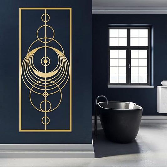 Hfrolixit Abstract Geometric Metal Wall Art, Circle Metal Wall Decor, Round Wall Decor, Mid Century Modern Wall Art, Large Boho Geometric Wall Hanging, Luxury Wall Hanging (Gold, 59"x25"/150x63cm)