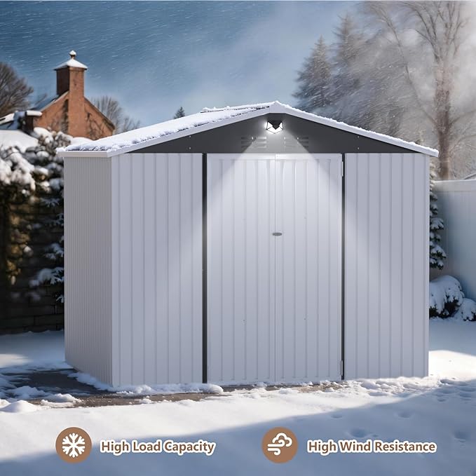 10x8 FT Outdoor Storage Shed, Metal Sheds & Outdoor Storage, Waterproof Sheds with Lockable Doors for Backyard (White, No Window)
