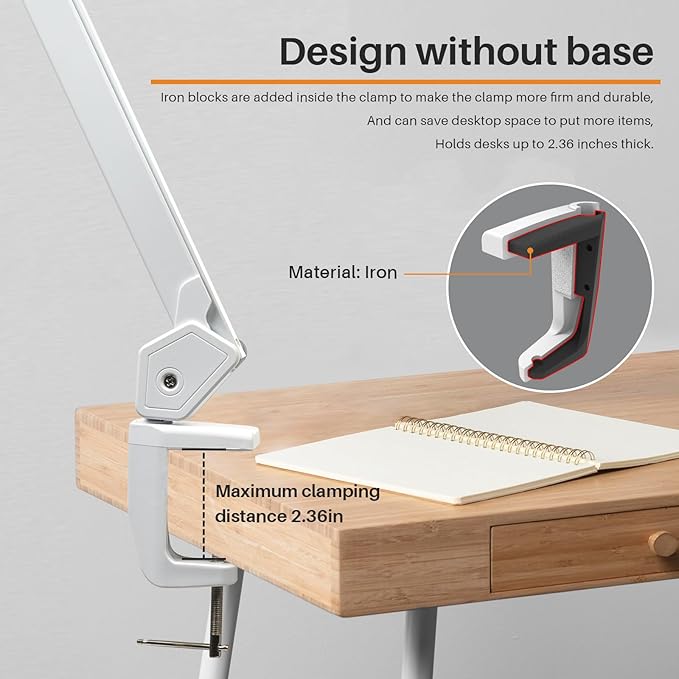 117PCS LED Clamp Desk Lamp, 20 Inch Metal Swivel Arm with Protective Casing, 2200 Lumens, Dimmable Task Lamp for Reading, Office Work, Sewing, Study, and Crafts(White)