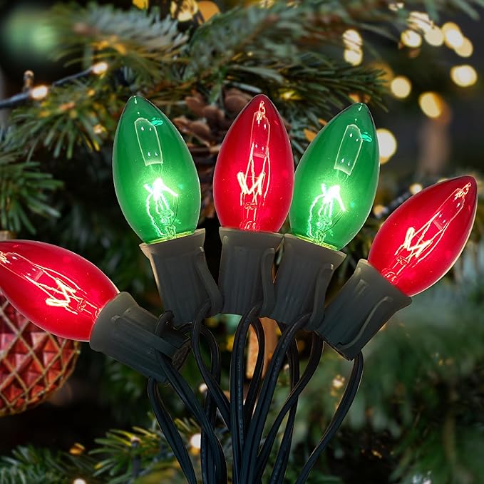 C9 Vintage Christmas String Lights, 25Ft Red & Green with 26 C9 Bulbs, Outdoor Hanging Patio Lights for Christmas Tree, Path, Roofline, Wedding Party Decoration
