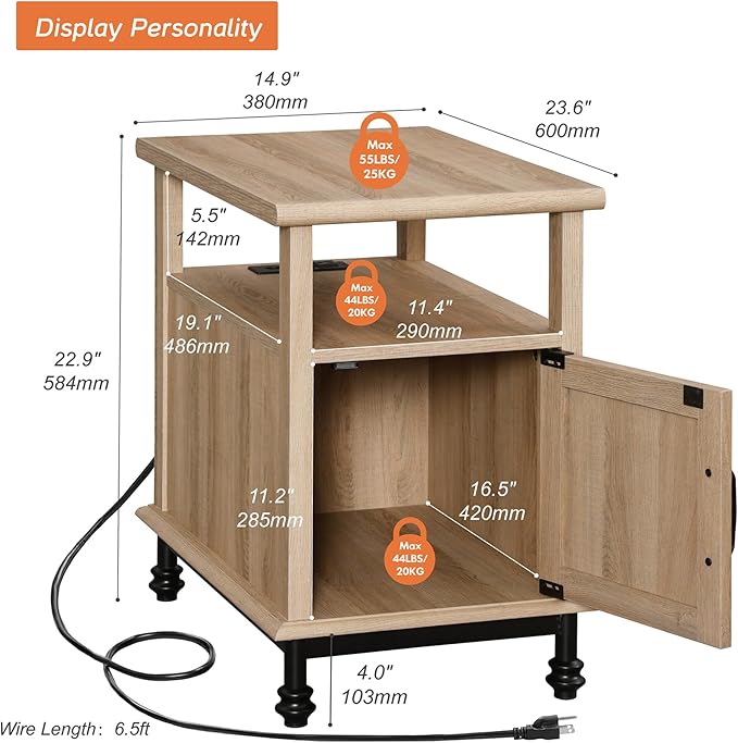 WAMPAT End Side with Charging Station, Narrow Side Table Nightstand with Storage Cabinet, Wooden Bedside Table with Metal Legs, Night Stand for Bedroom, Oak