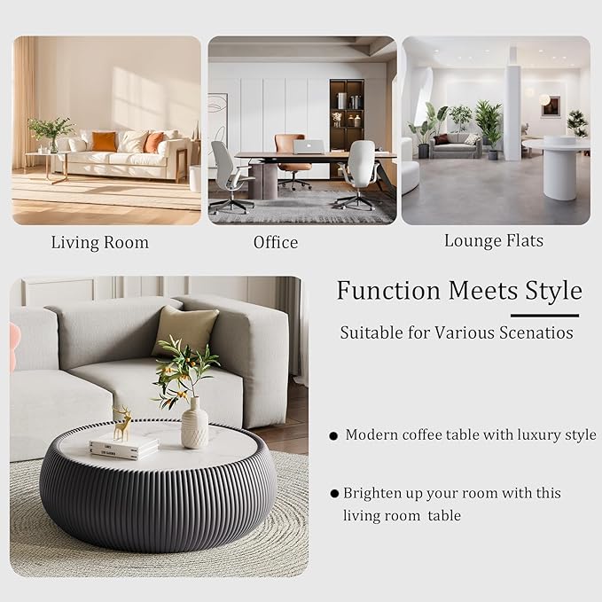 27.55" Grey Round Coffee Table, Drum Coffee Table with Sintered Stone Tabletop and Fluted PU Leather Covered and Stable Base, Circle Cocktail Tea Table for Living Room