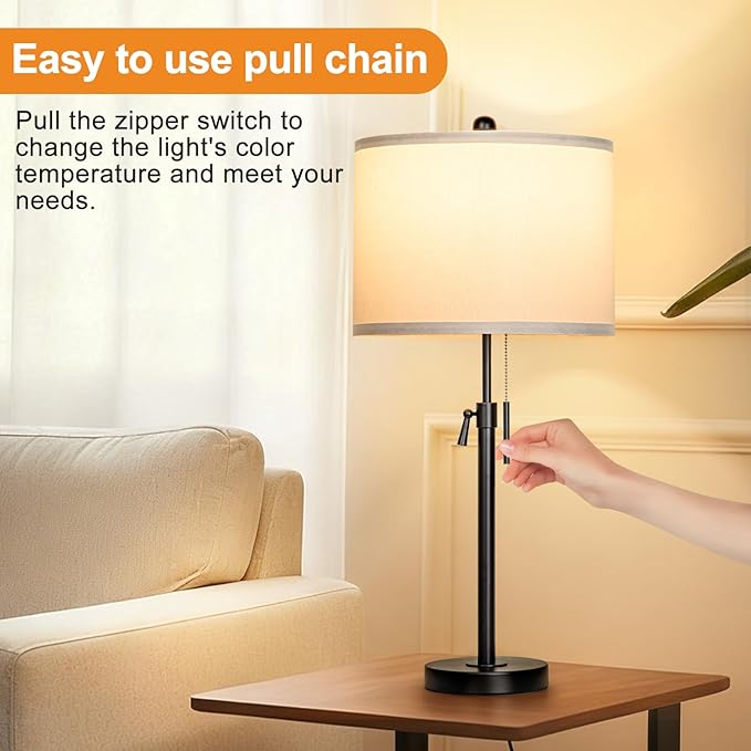 Table Lamps for Bedrooms Set of 2, 22" to 30" Height Adjustable Nightstand Lamps with Linen Shade, Pull Chain Switch Lamps for Living Room, 3 Way Dimmable Beside Lamp