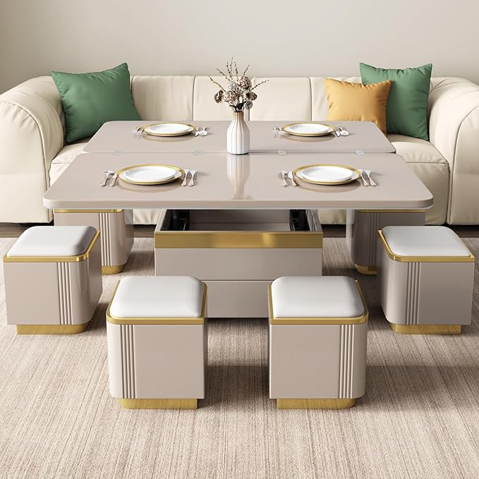 Lift Top Coffee Table with 4 Storage Stools for Living Room, Modern Stylish Convertible Dining Table for 4-6 People, 3 in 1 Multi-Functional Coffee Table, Easy Assembly- White
