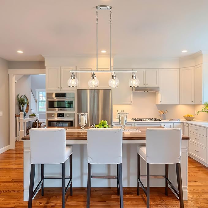 Island Light for Kitchen, 4-Light Brushed Nickel Island Pendant Lighting with Clear Round Glass Shades for Kitchen, Dining Table, Living Room