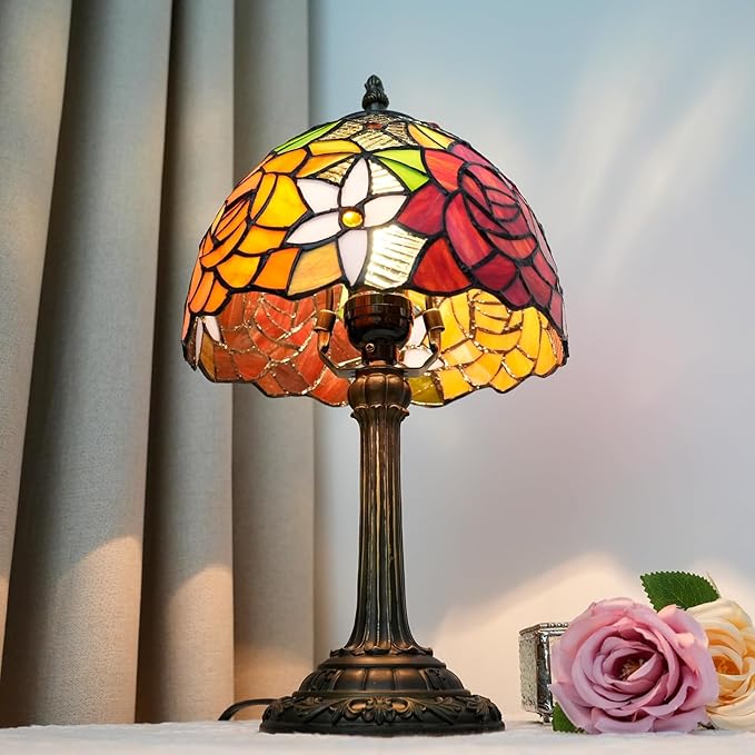 Tiffany Lamp - Rose Flower Stained Glass Table Lamp 8x8x14 Inches - Rose Flower Style Desk Reading Light - Bedroom & Living Room Decor