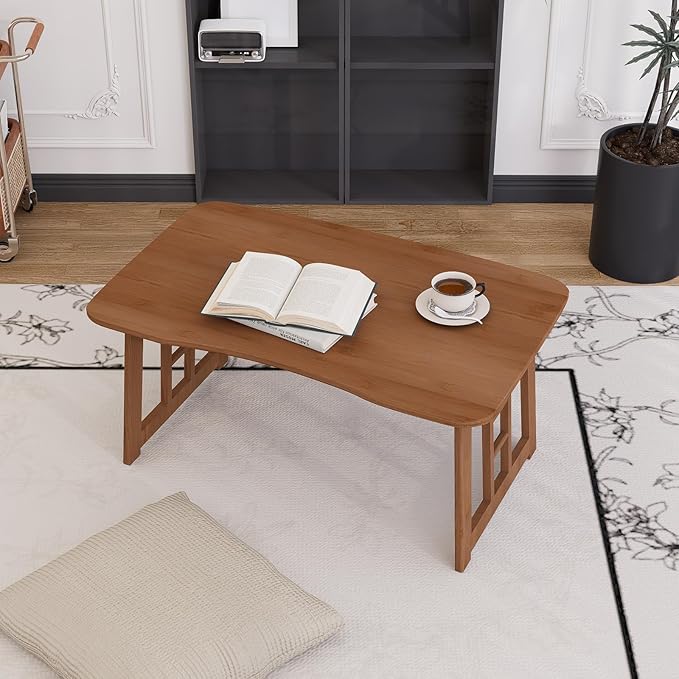 Folding Coffee Table for Living Room, 31.5 in Foldable Floor Table, Bamboo Low Coffee Tables for Small Spaces, No Assembly, Lightweight Simple Storage for Apartment, Sunroom (Brown)