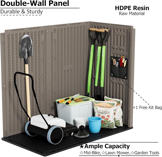 ZZM 37 Cu.ft Outdoor Storage Shed with Floor HDPE Double-Wall Resin Sheds Outdoor Storage, Lockable Weatherproof Storage Cabinet Fit for Garden Tools, Garage can, Bike, Patio Furniture, Coffee