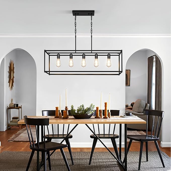 5-Light Rustic Farmhouse Chandelier, Rectangular Metal Kitchen Island Pendant Lighting Fixtures, Black Industrial Linear Hanging Light for Dining Room, Entryway, Foyer, Bar, Living Room