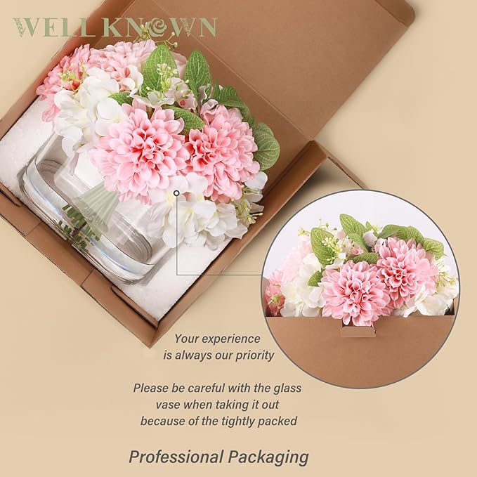WELL KNOWN Artificial Hydrangea Dahlia Flowers in Vase, Faux Silk Flowers Arrangement with Big Glass Vase for Home Wedding Party Dining Table Centerpiece Home Office Decor & Women Mom's Gift (Pink)