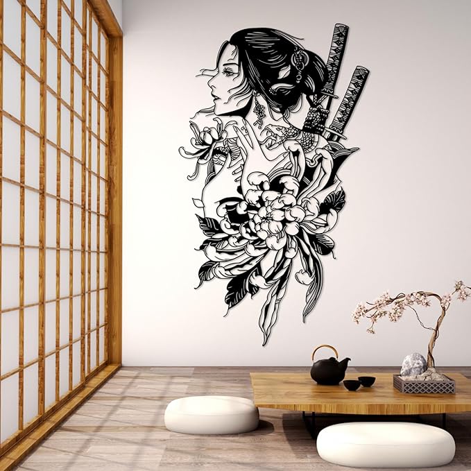SZI Japanese Geisha Metal Wall Art, Asian Woman Design, Traditional Japanese & Asian Wall Decor for Living Room, Bedroom, or Cultural Home Decor (Black, 41"x25"|105x62cm)