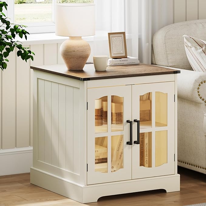 ChooChoo Farmhouse End Table with Charging Station, 24" Large Sofa Side Table with LED, Square Nightstand with Glass Barn Door, Bedside Table with Storage for Living Room, Beige（Cream and Brown