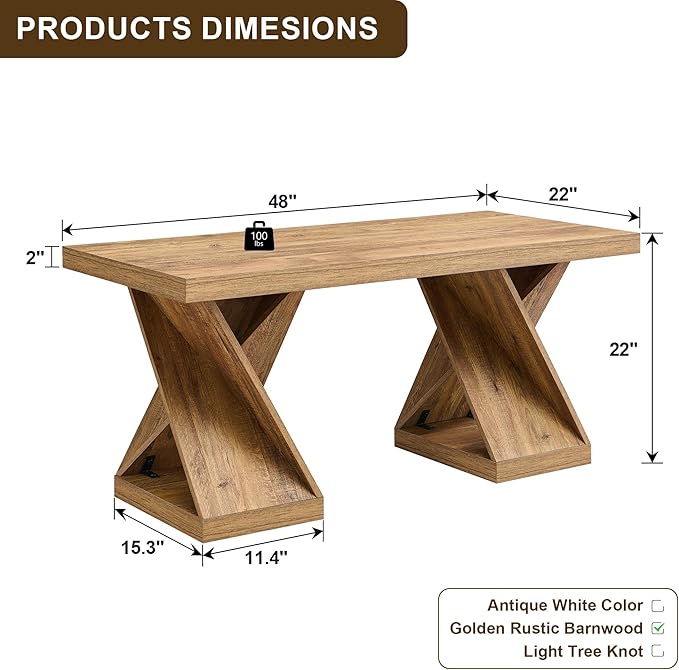 OKD Modern Coffee Table, 48" Twisted Center Table with Wood Thickened Pedestal, Rectangular Rustic Living Room Table, Farmhouse Storage Low Cocktail Tea Table,Golden Rustic Barnwood