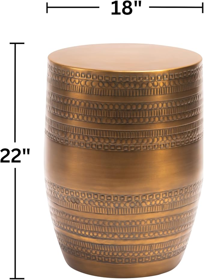 Modern Round Aluminum Hammered Embossed Texturing Metal Side Coffee Table, Hand-Stamped Iron, Boho Accent Side Table, Drum Shaped, for The Living Room and Bedroom, Brass