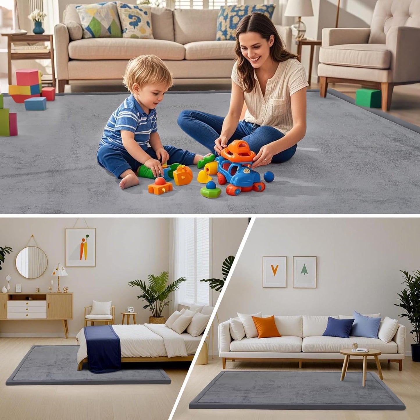 ACOMOPACK Baby Play Mat for Floor,1.3" Thick Memory Foam Area Rug for Living Room,Soft Velvet Crawling with Non-Slip Bottom for Kid,Toddler,71"×79" Tummy Time Nursery Rugs,Yoga（Dark Grey）