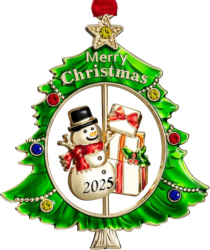 Christmas Tree Ornament Metal Silver Hanging Rotatable Design Charm Holiday Decorative Pendant Gift Keepsake (Golden Snowman 2025)