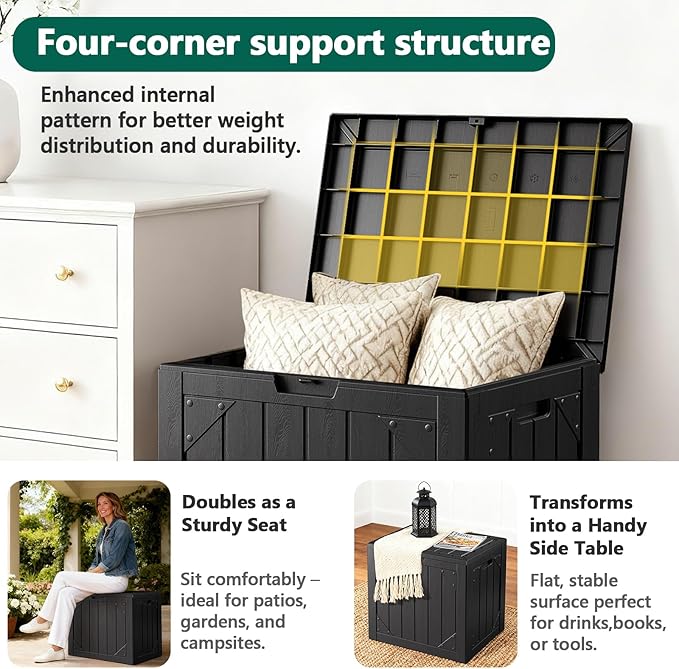 Outdoor Storage Box, 30 Gallon Deck Box Outdoor Storage Bench Outside Waterproof Resin Storage Bench, Lockable Patio Cushions, Garden Tools Storage For Furniture, UV Resistant (Black)