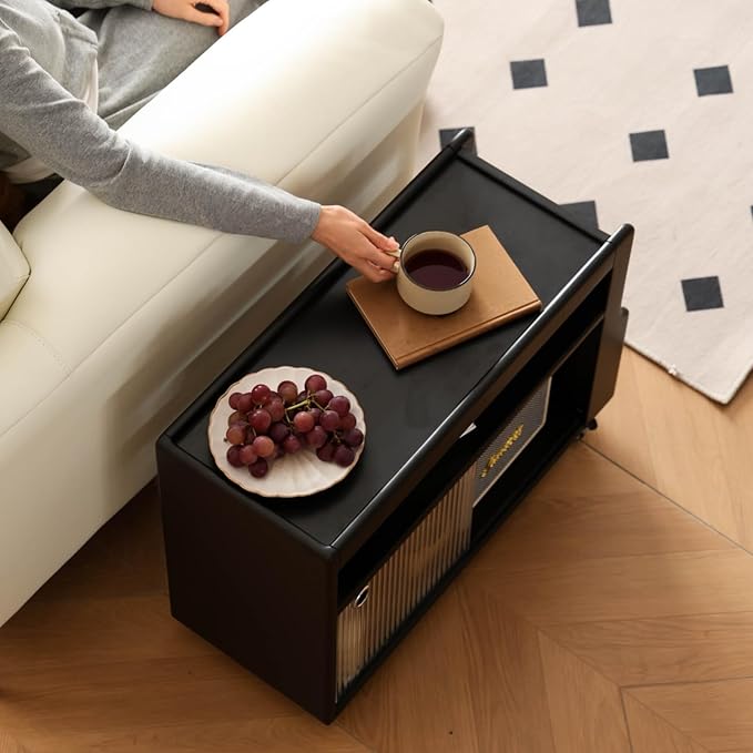 Solid Wood Side Table with Wheels, Narrow Side Table with Storage, Rolling Bedside Table for Bedroom Living Room Dining Room(Black, 27.95" D x 11.42" W x 19.88" H)