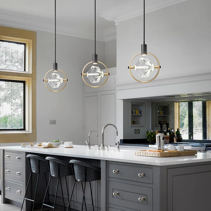 Modern Crystal Pendant Light in Black Mini Dimmable Integrated LED Light Fixtures Metal Rod Ceiling Black Gold Chandelier for Kitchen Island Bedroom Dining Room Bar(1-Lights)