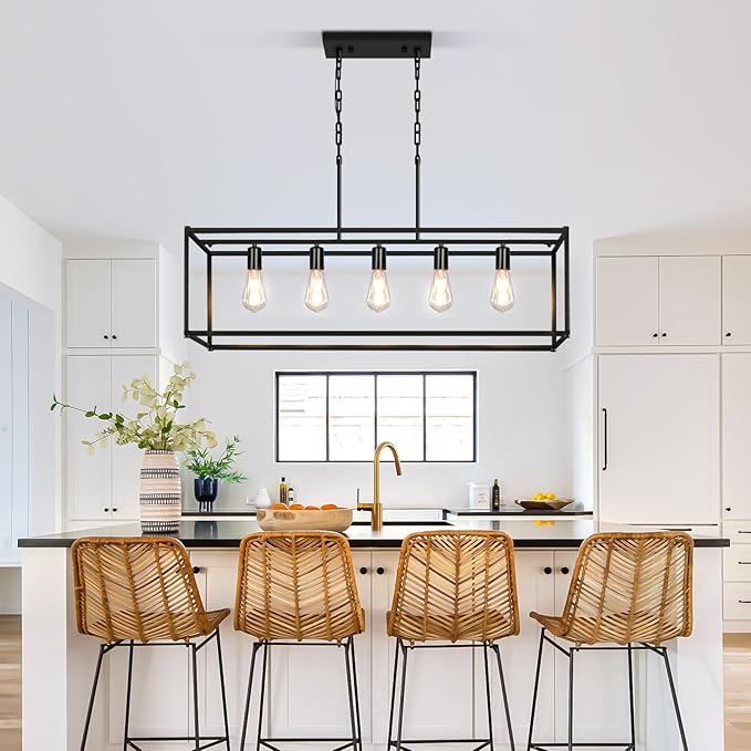 5-Light Rustic Farmhouse Chandelier, Rectangular Metal Kitchen Island Pendant Lighting Fixtures, Black Industrial Linear Hanging Light for Dining Room, Entryway, Foyer, Bar, Living Room