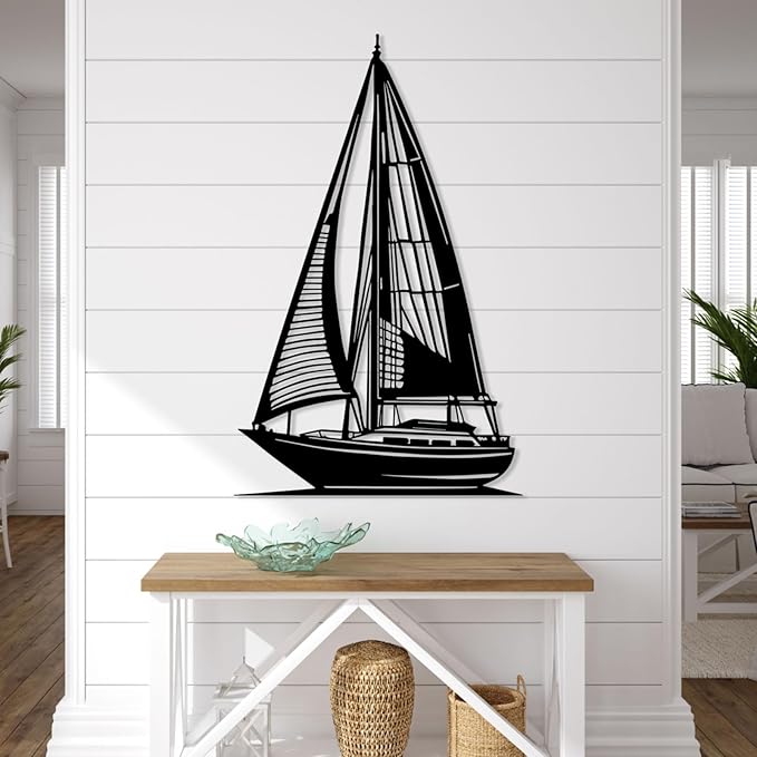 Sailboat Metal Wall Art, Sailboat Wall Decor, Boat Wall Decor, Beach Wall Art, Coastal Wall Decor, Nautical Wall Decor, Ocean Wall Art, Coastal Metal Wall Art, Beach Wall Decor for Bedroom (Silver, 15x24in|38x60cm)