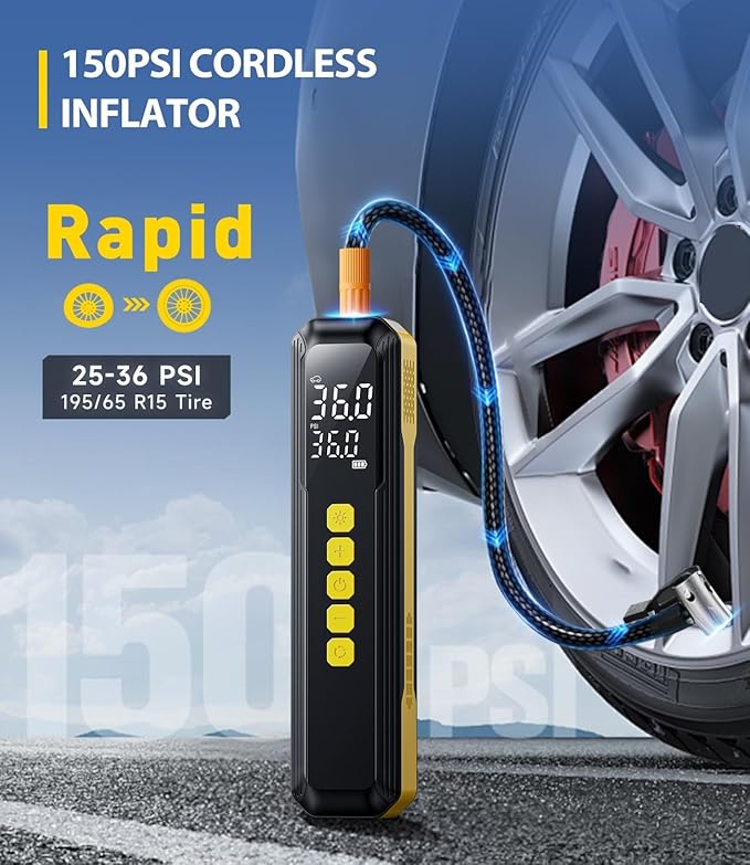 Tire Inflator Portable Air Compressor, 150 PSI Faster Cordless Air Pump for Car Tires, Electric Bike Tire Pump with Digital Pressure Gauge, LED Light for Motorcycle, Bicycle, Ball