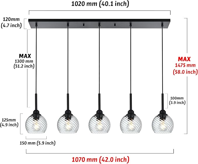 5 Light Kitchen Pendant Lighting Over Island with Striped Swirl Globe Glass, Black Blown Glass Pendant Light Hanging Ceiling Lamp Contemporary Chandelier for Dining Room Bar Living Room