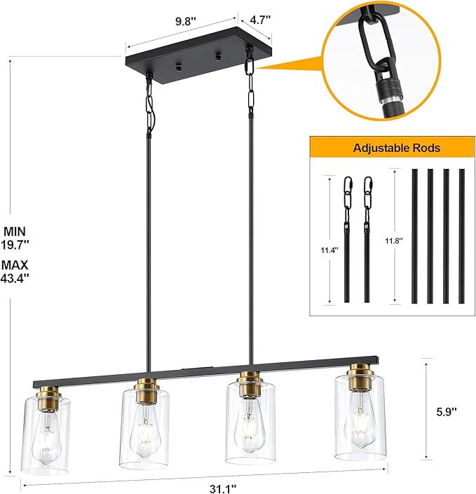 Island Light for Kitchen, Black and Gold Dining Room Light Fixture Over Table, 4-Light Linear Chandelier Pendant Lighting for Dining Table Kitchen Island Living Room