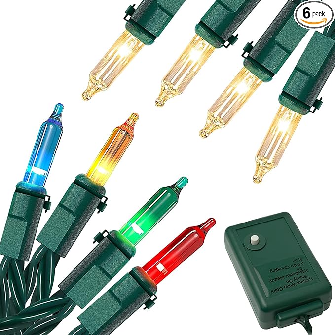 New One 6 Pack Color Changing Christmas Lights, 51.75 Feet 200 Count Vintage Multicolor Christmas Lights, Indoor Outdoor Christmas Tree Lights with 200L LED M5 Light for Patio, Party Decor, Green Wire