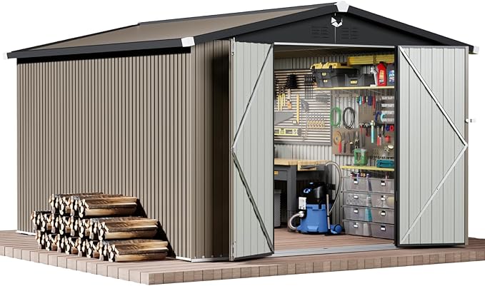 10x12 FT Outdoor Storage Shed, Metal Sheds & Outdoor Storage, Waterproof Sheds with Lockable Doors for Backyard (Brown, No Window)