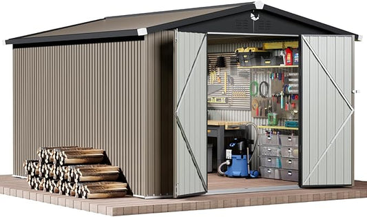 10x12 FT Outdoor Storage Shed, Metal Sheds & Outdoor Storage, Waterproof Sheds with Lockable Doors for Backyard (Brown, No Window)