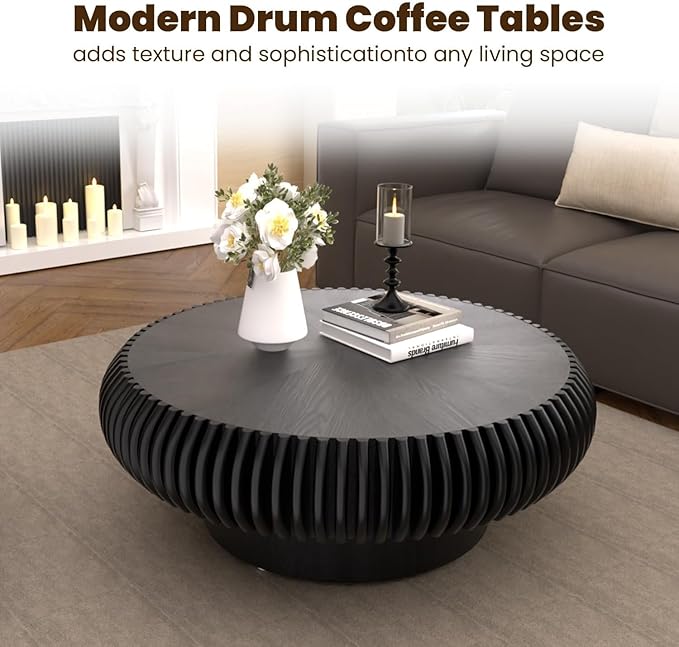 31.5" Drum Coffee Table Modern Unique Fluted Tea Table Contemporary Wood Round Coffee Table with Fluted Centry Table for Living Room Walnut (31.5" Black)