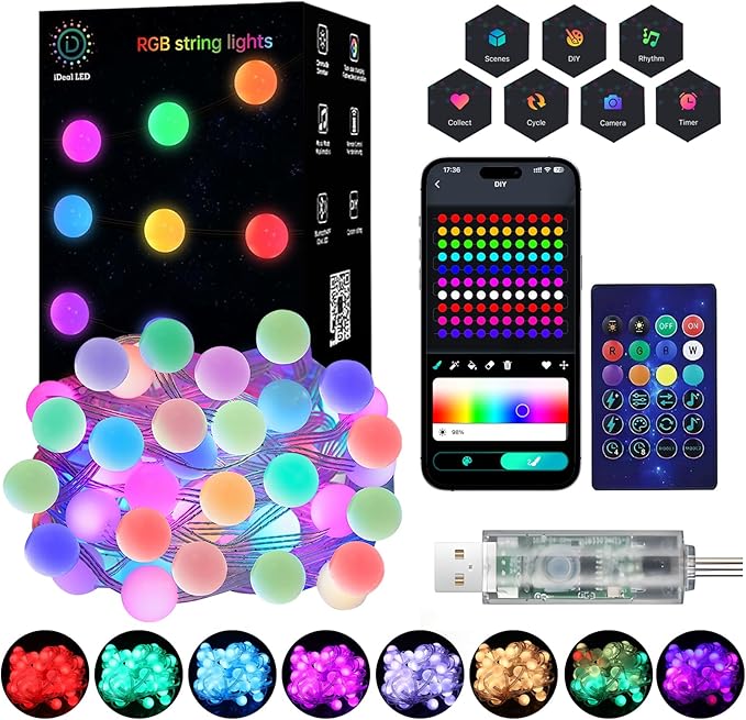Color Changing Globe String Lights, 66ft Smart RGB-IC Fairy Lights with Remote & APP Control, Mini Ball LED Twinkle Lights Hanging for Indoor Bedroom Living Room Party Christmas Decor