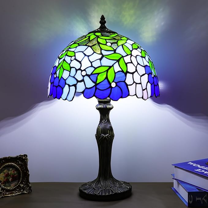 Stained Glass Table Lamp, Blue Green Leaves Style Lampshade & Plant Texture Curve Antique Base Desk Reading Light 12X12X19 Inches Decor for Bedroom Living Room Office