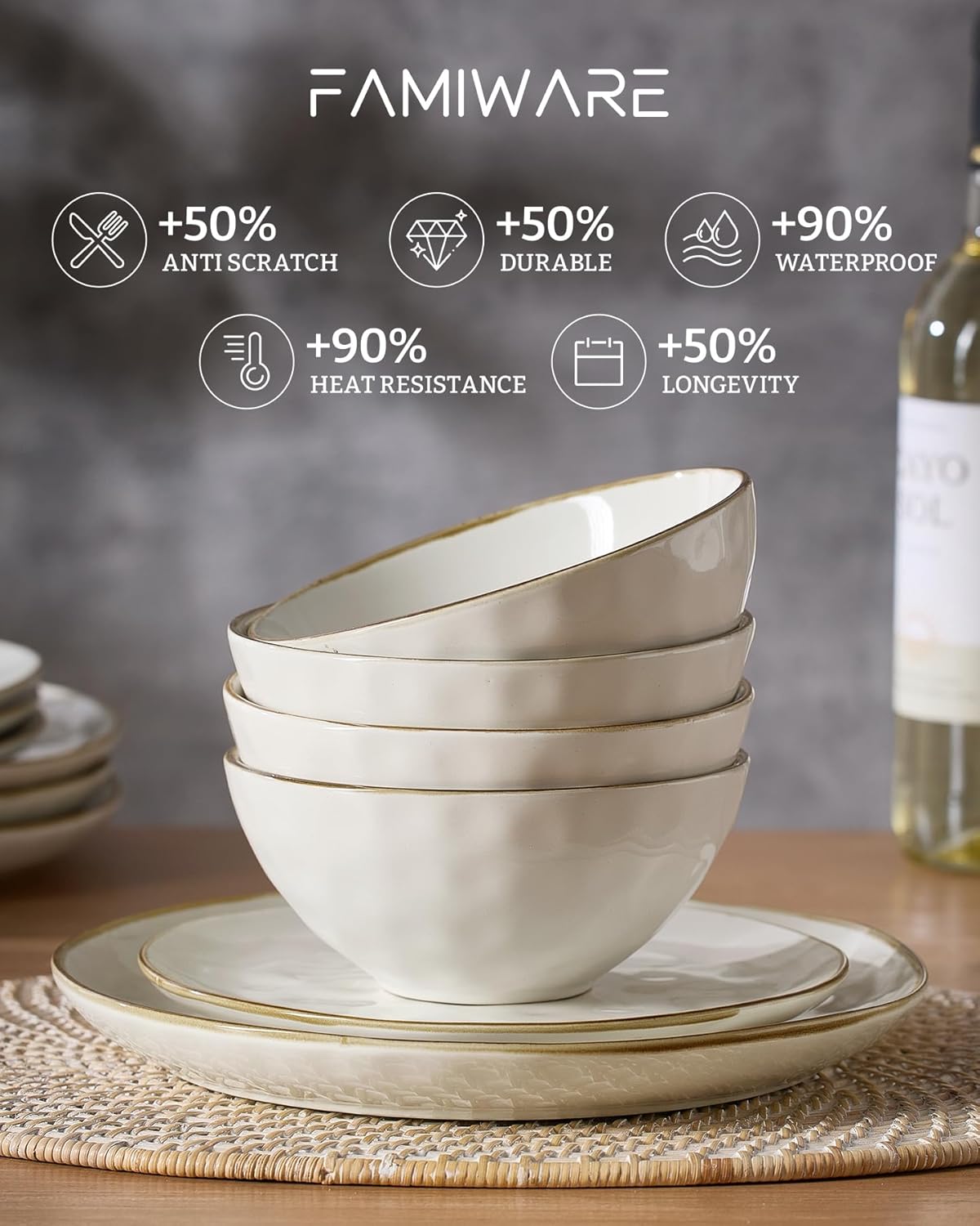 Famiware Dinnerware Sets for 4, Ocean Round 12-Piece Kitchen Plates and Bowls Sets, Microwave and Dishwasher Safe, Scratch Resistant, Vanilla White
