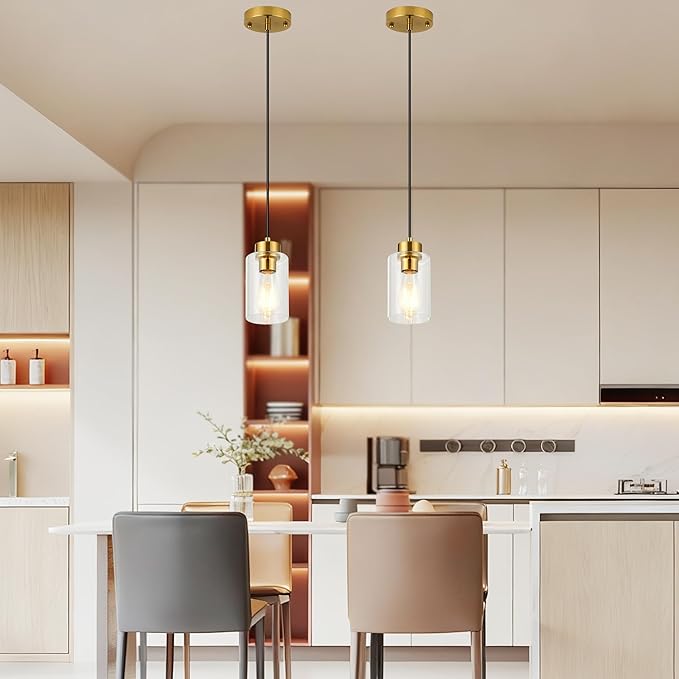 Modern Pendant Lighting, Clear Glass Shade Pendant Lights Kitchen Island, Brushed Brass Hanging Ceiling Light Fixture, Farmhouse Pendant Lighting for Dining Room Bedroom Bar Office