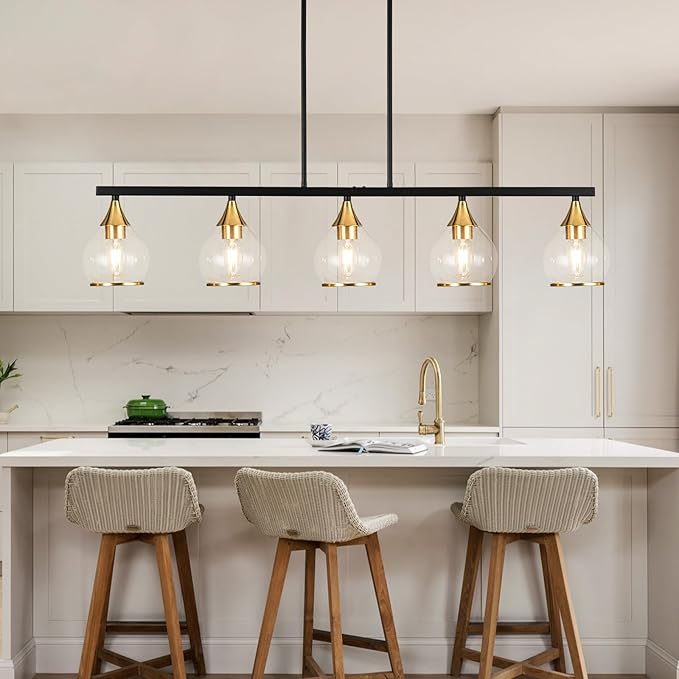 Island Light for Kitchen, 5-Light Black Kitchen Island Linear Hanging Pendant Chandeliers, Black and Gold Dining Room Light Fixture Over Table with Clear Round Glass Shades