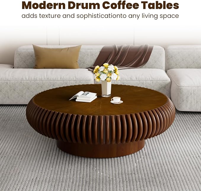 39.3" Drum Coffee Table Modern Unique Fluted Tea Table Contemporary Wood Round Coffee Table with Fluted Centry Table for Living Room Walnut (39.3" Walnut)