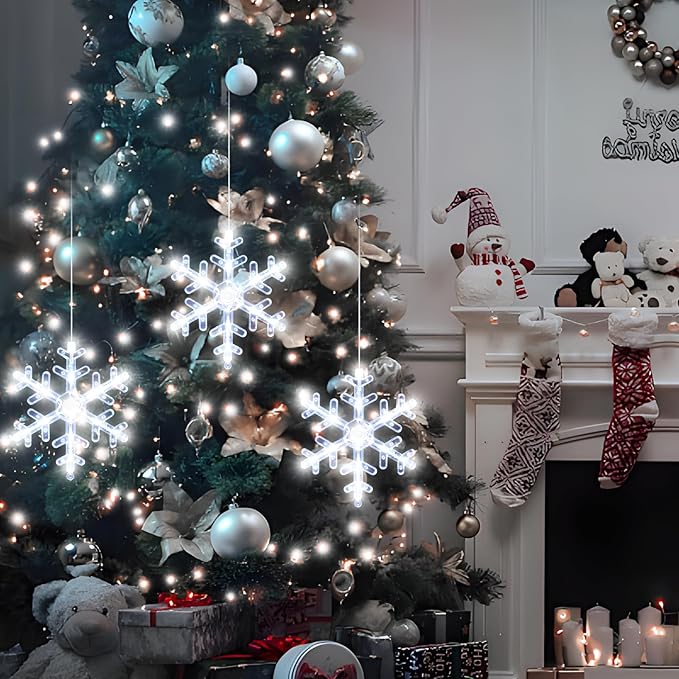 3Pack Christmas Window Lights Decorations with Timer, Battery Powered Christmas Hanging White Lighted Snowflake Shaped LED Sucker for Xmas Lamp Tree Fireplace Indoor Decor