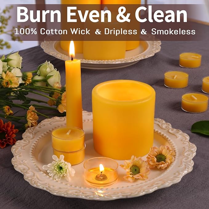 Pure Beeswax Candles Set, 3pcs Pillar|6pcs Taper|24pcs Tealight Candles-345 Hour Long Burning, 100% Natural Organic Beeswax Candles Gift Set for Women, Dripless Smokeless Candle Bulk for Home