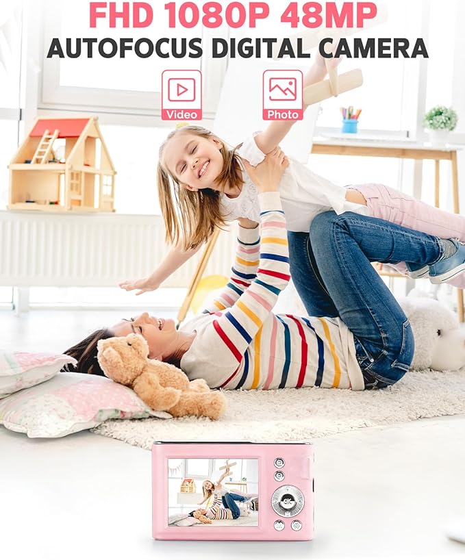 Digital Camera, 48MP FHD 1080P Point and Shoot Camera with 16x Zoom, Anti Shake Compact Portable Camera for Photography with 32GB Card, Autofocus Camara for Kids, Beginners, Teens, Pink