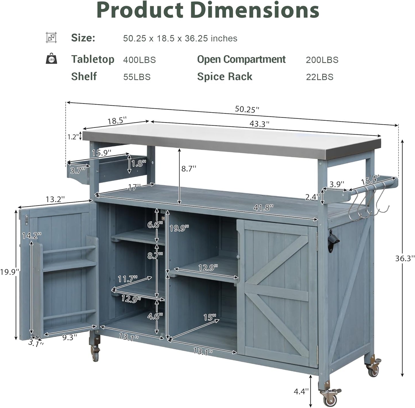 50.25" Outdoor Kitchen Island with Rolling Bar Cart & Storage Cabinet, Farmhouse Solid Wood Grill Table with Stainless Steel Top, Spice Rack & Towel Rack for Kitchen & BBQ (Grey Blue)