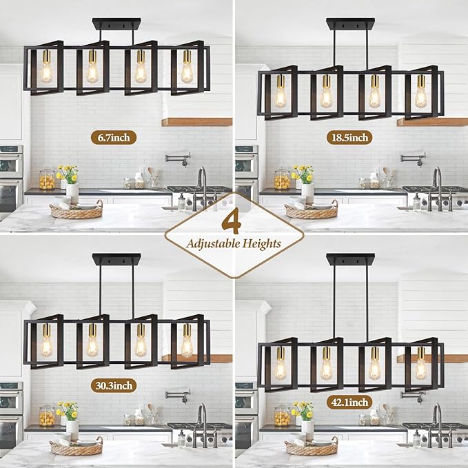 4-Light Dining Room Light Fixture, 53’’ Farmhouse Wood Chandelier Kitchen Island Lighting Over Table, Modern Black Gold Rectangular Hanging Pendant Light Fixture for Living Room, E26 Sockets
