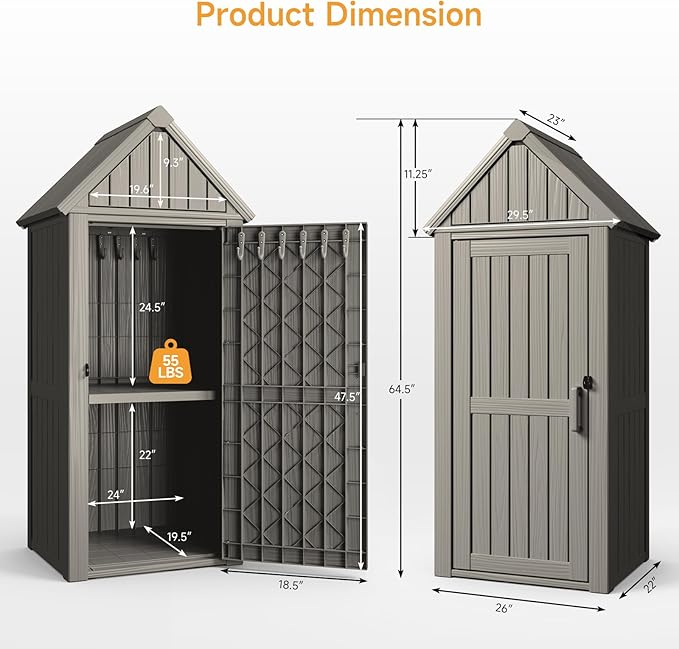 Outdoor Resin Storage Shed, Outdoor Storage Cabinet Waterproof with Hooks and Lock Ring, Multifunctional Storage Shed with Floor and Removable Shelves, All Weather Tool Shed for Patio, Lawn, Brown