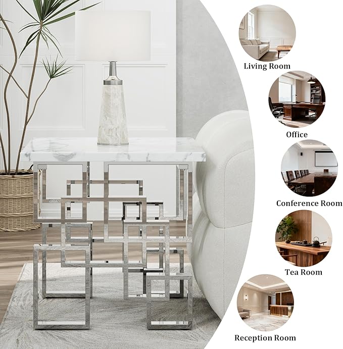AUZ End Table, White and Silver Side Table, Square Living Room Corner Table with Polished Stainless Steel Geometric Base, Set of 4