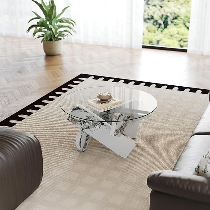 White Round Glass Coffee Table,33-Inch Coffee Tables for Living Room Clear Circle Accent Table Adapts to Farmhouse and Contemporary Decor