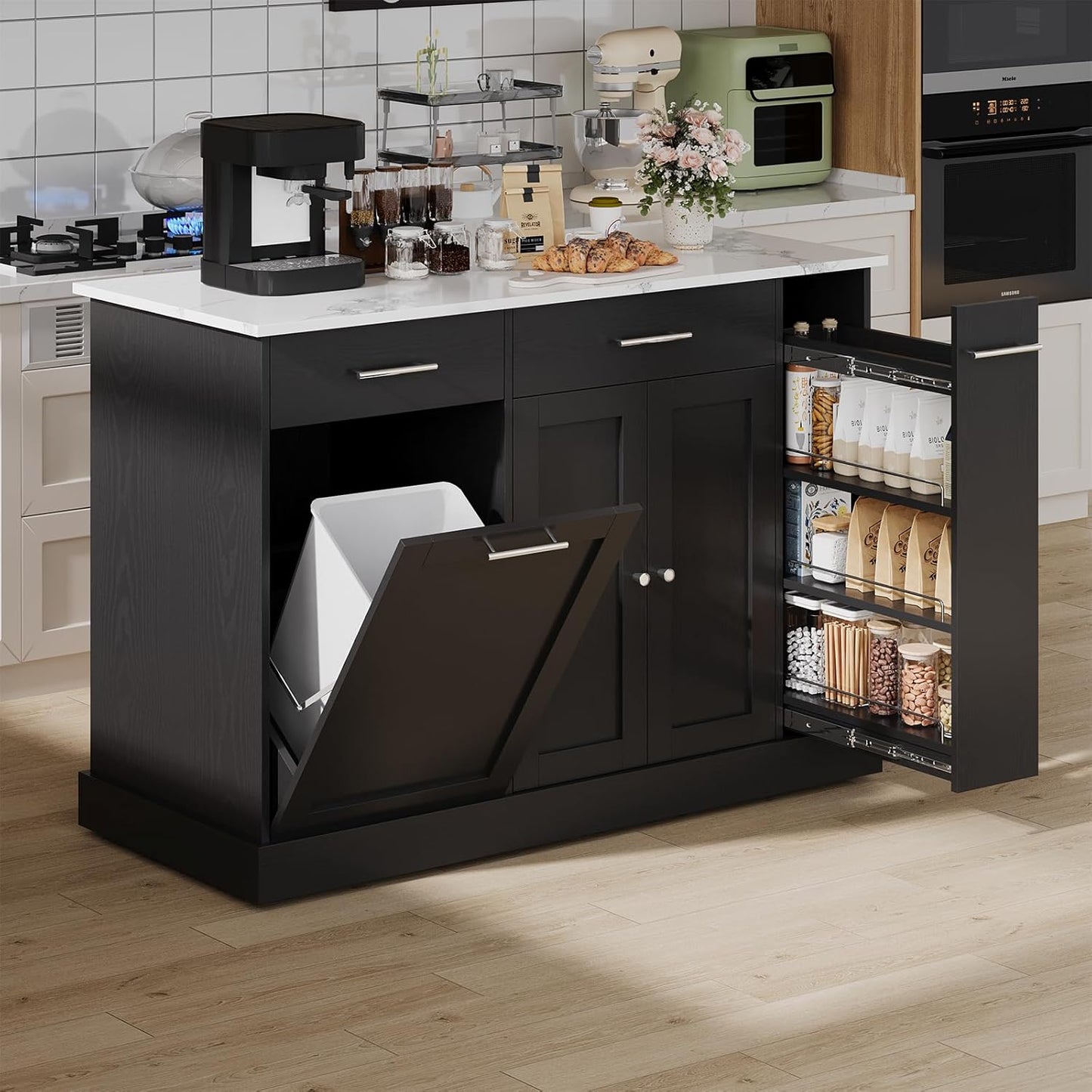 4 EVER WINNER Kitchen Island on Wheels with Storage, Rolling Kitchen Island Cart with Trash Can Cabinet, Kitchen Island Table with Spice Rack & Towel Rack, Black
